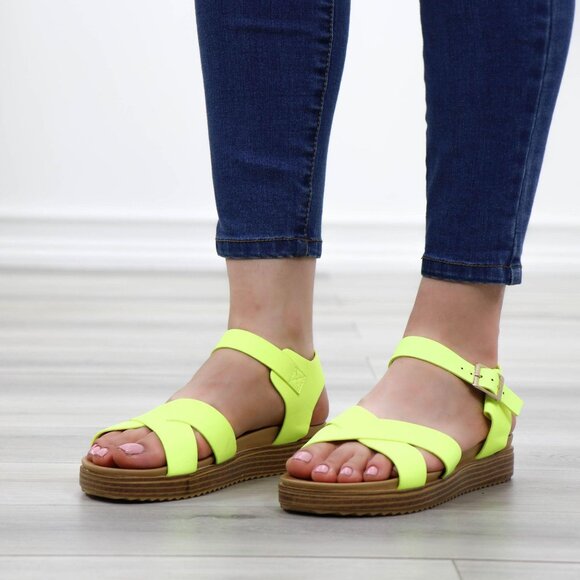 Neon Green Strappy Comfort Sandals Faux Nubuck - Picture 12 of 13